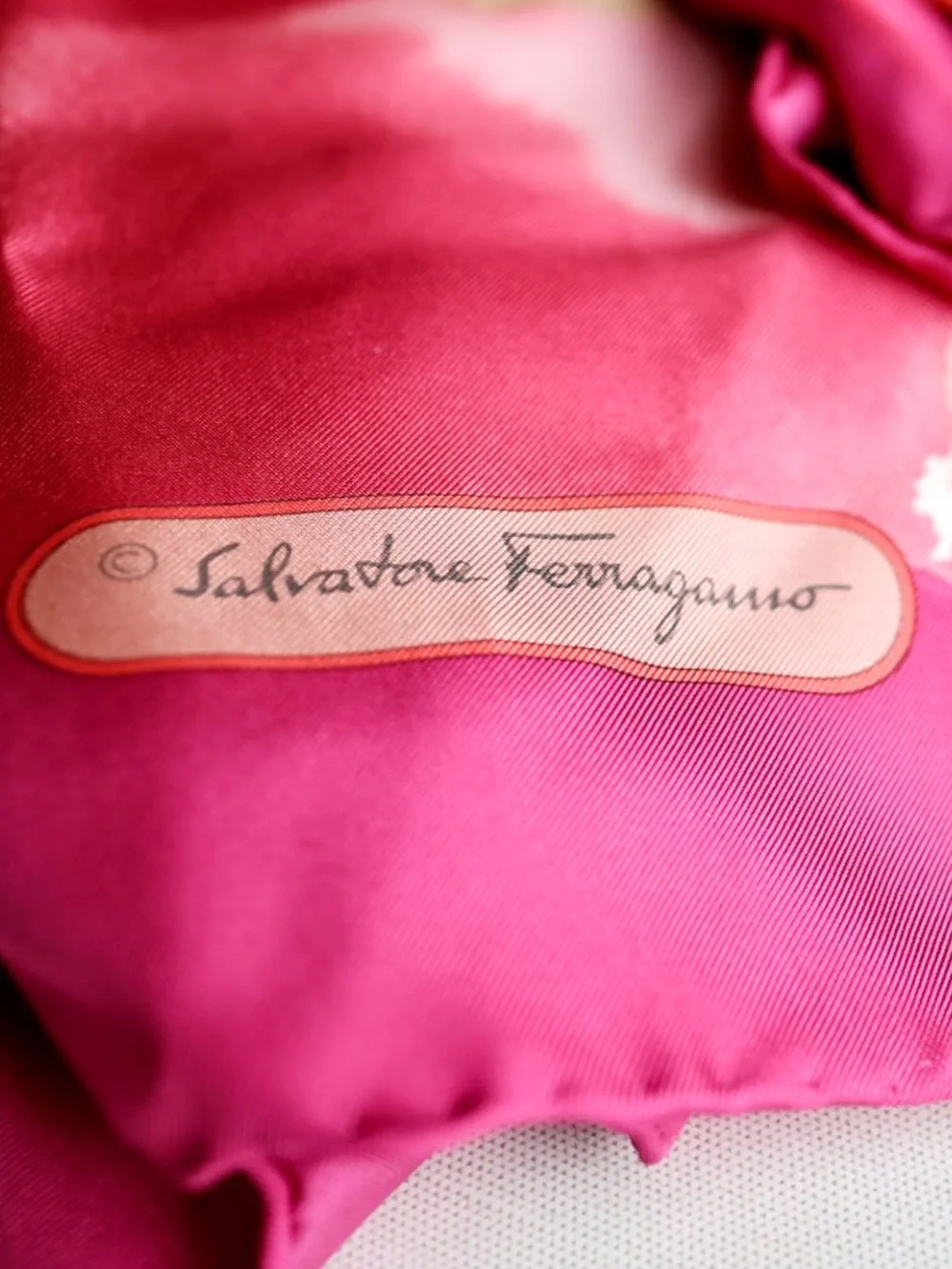 Salvatore Ferragamo Pink and Orange Watercolor Floral Vintage Silk Scarf